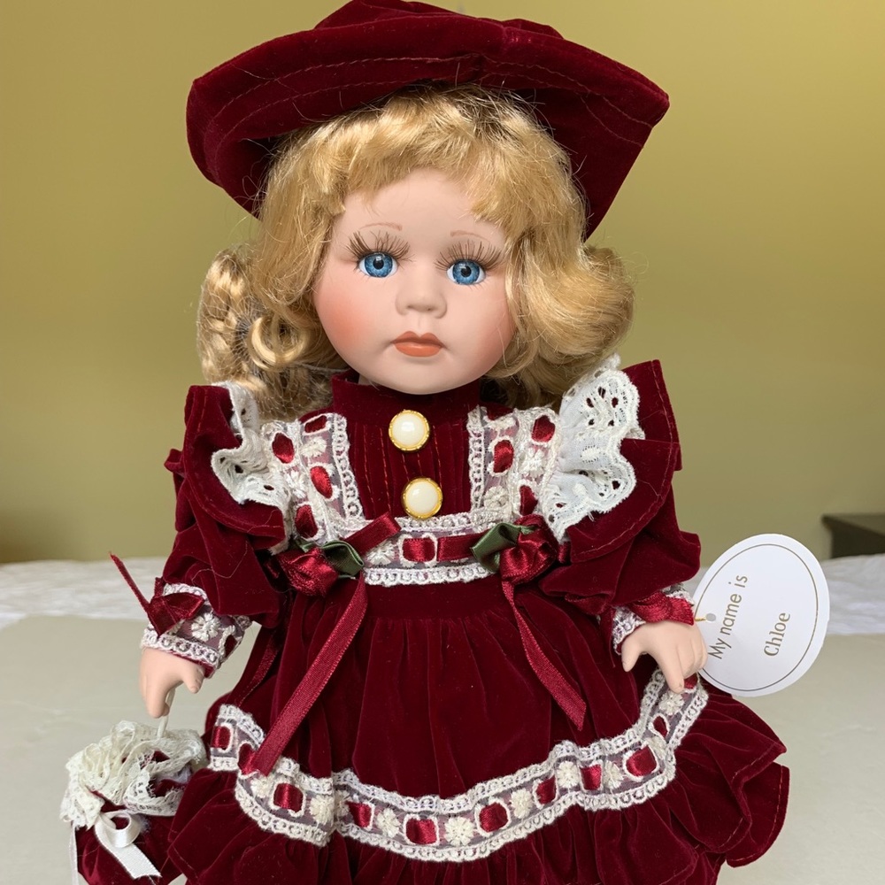 Collectible 13” Porcelain Doll Blond Girl dark red velvet costume hat NEW Box